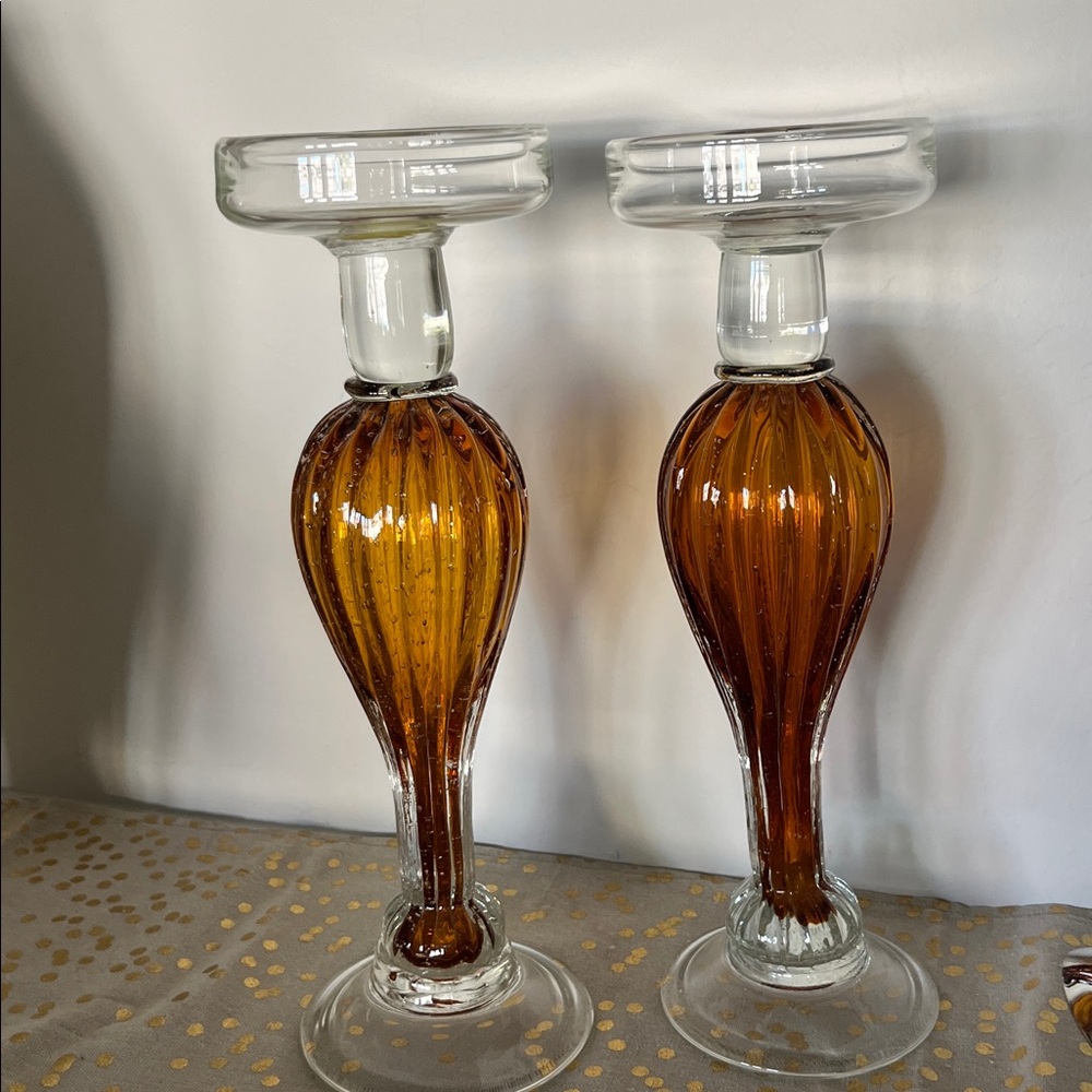 Pier 1 Italian Amber Glass Candle Holders Set of Two - EUC